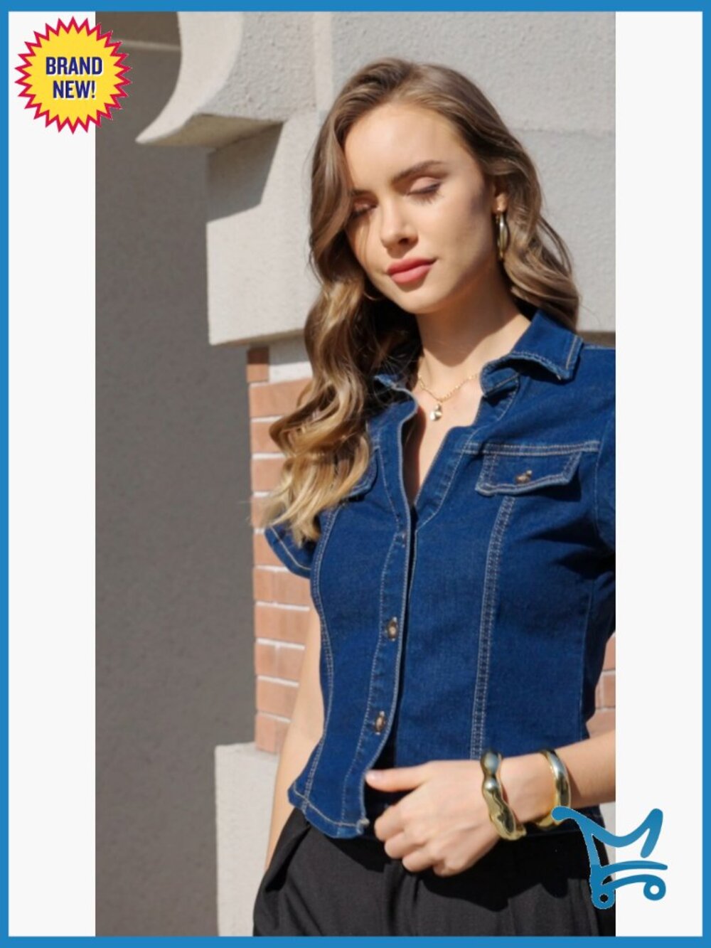 Short Sleeve Button Down Denim Jacket Y2K Fitted Jean Shirt Top - Picture 6 of 6